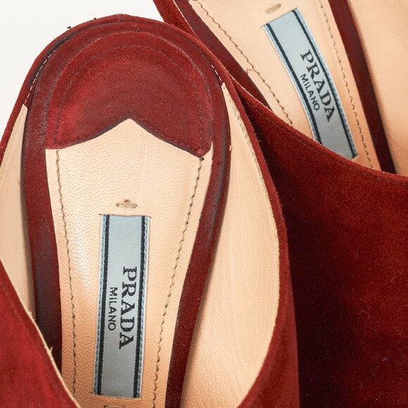 Prada Burgundy Suede Peep Toe Stiletto Heel Slide Mule Platform Pump - Picture 9 of 9